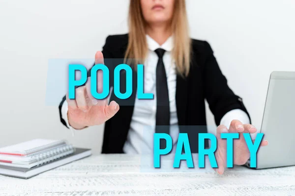 Inspiration showing sign Pool Party. Word for celebration that includes activitites in a swimming pool Assistant Offering Instruction And Training Advice, Discussing New Job — Stock Photo, Image