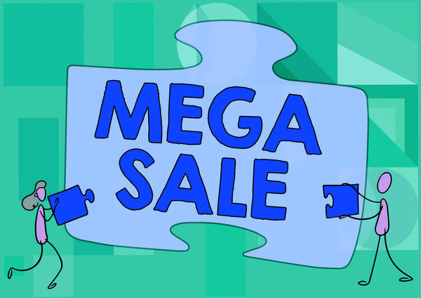 Hand writing sign Mega Sale. Internet Concept The day full of special shopping deals and heavy discounts Colleagues Drawing Fitting Two Pieces Of Jigsaw Puzzle Together Teamwork.