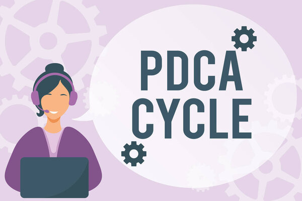 Writing displaying text Pdca Cycle. Business overview use to control and continue improve the processes and products Lady Call Center Illustration With Headphones Speech Bubble Conversation.