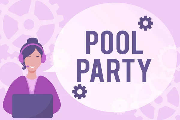 Text zeigt Inspiration Pool Party. Geschäftsübersichtsfeier mit Aktivitäten in einem Schwimmbad Lady Call Center Illustration mit Kopfhörer-Sprechblasengespräch. — Stockfoto