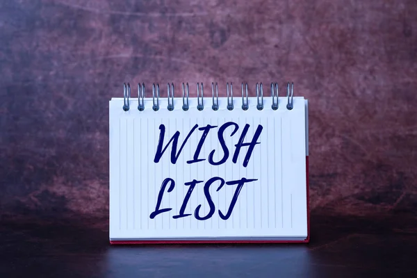 Sign displaying Wish List. Conceptual photo List of desired but often realistically unobtainable items Brainstorming The New Idea Of Solutions And Answers Seeking More Clues — Stock Photo, Image