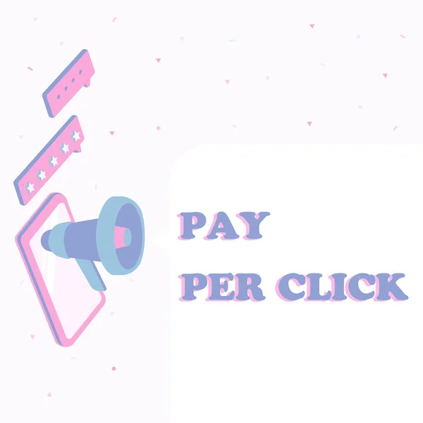 Υπογραφή εμφάνισης Pay Per Click. Έννοια σημαίνει μάρκετινγκ Διαδικτύου στο οποίο η πληρωμή βασίζεται σε clickthroughs Tablet Σχέδιο με Megaphone Κάνοντας νέα ανακοίνωση σε ένα κουτί συνομιλίας. — Φωτογραφία Αρχείου