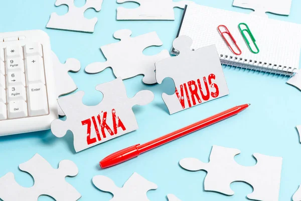 Conceptual display Zika Virus. Word for caused by a virus transmitted primarily by Aedes mosquitoes Building An Unfinished White Jigsaw Pattern Puzzle With Missing Last Piece