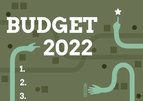 Τίτλος κειμένου που παρουσιάζει τον προϋπολογισμό 2022. Έννοια που σημαίνει εκτίμηση του εισοδήματος και των δαπανών για το επόμενο ή τρέχον έτος Τρία Μακριά Χέρια Τραβώντας Χέρια Δείχνοντας Δάχτυλα Αγγίζοντας Κινητό. — Φωτογραφία Αρχείου