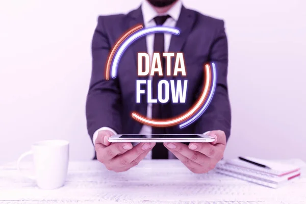 Visualización conceptual Data Flow. Enfoque empresarial el movimiento de datos a través de un sistema compuesto por software Presentando tecnología de comunicación Smartphone Voz y videollamadas — Foto de Stock