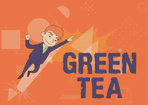 Schrijven met tekst Green Tea. Internet Concept type thee dat is gemaakt van Camellia sinensis bladeren en knoppen Man Drawing In Uniform Standing Pointing Upward Displaying Leadership. — Stockfoto