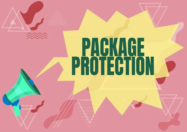 Hand writing sign Package Protection. Business showcase Wrapping and Securing items to avoid damage Labeled Box Megaphone Drawing With Conversation Bubble Showing New Announcement.