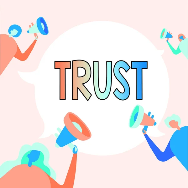 Texto presentando Trust. Concepto de negocio firme creencia en la fiabilidad verdad o habilidad alguien algo Familia Personas Dibujo Sosteniendo sus megáfonos Hablando entre sí. —  Fotos de Stock