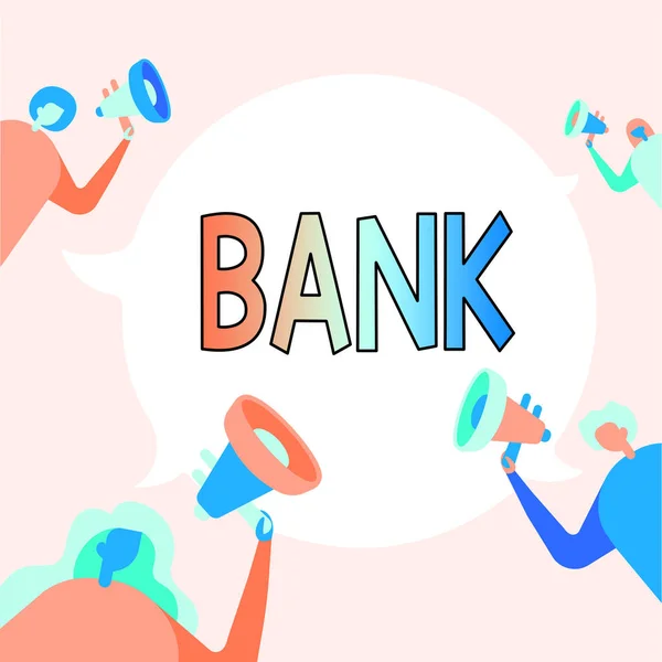 Handschrift Bank. Internet Concept Een organisatie waar tonen en bedrijven geld kunnen lenen Mensen die hun Megafoons vasthouden Praten met elkaar. — Stockfoto