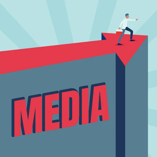 Sign displaying Media. Business showcase the main means of mass communicationthat are regarded collectively Man Illustration Carrying Suitcase On Top Of Arrow Showing New Phase Targets. — Stock Photo, Image