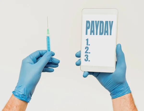 Hand writing sign Payday. Word for a day on which someone is paid or expects to be paid their wages Research Scientist Presenting New Medicine, Researching Preventive Measure — Stock Photo, Image