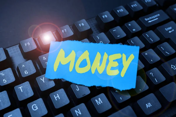Вывеска "Деньги". Бизнес-идея - это современное средство обмена в виде монет и банкнот с новыми электронными названиями. — стоковое фото