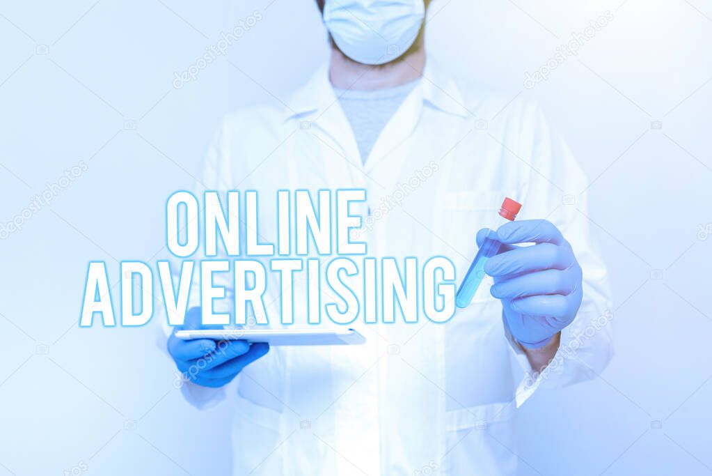 Hand writing sign Online Advertising. Business idea Internet Web Marketing to Promote Products and Services Researcher Displaying Liquid Sample, Chemist Presenting Cleaning Agent