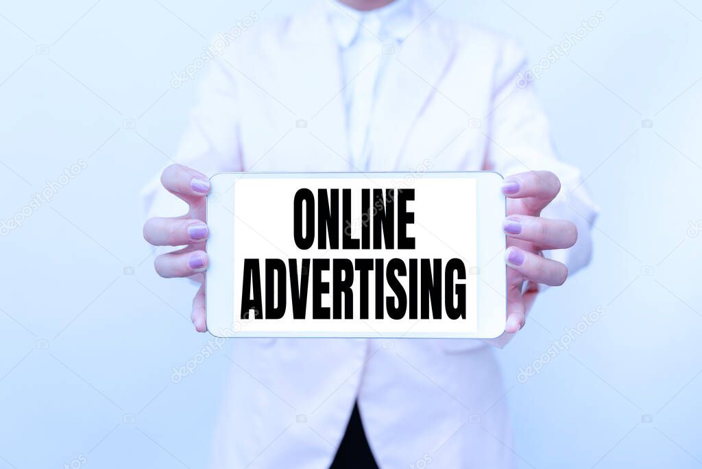Text sign showing Online Advertising. Word Written on Internet Web Marketing to Promote Products and Services Presenting New Technology Ideas Discussing Technological Improvement