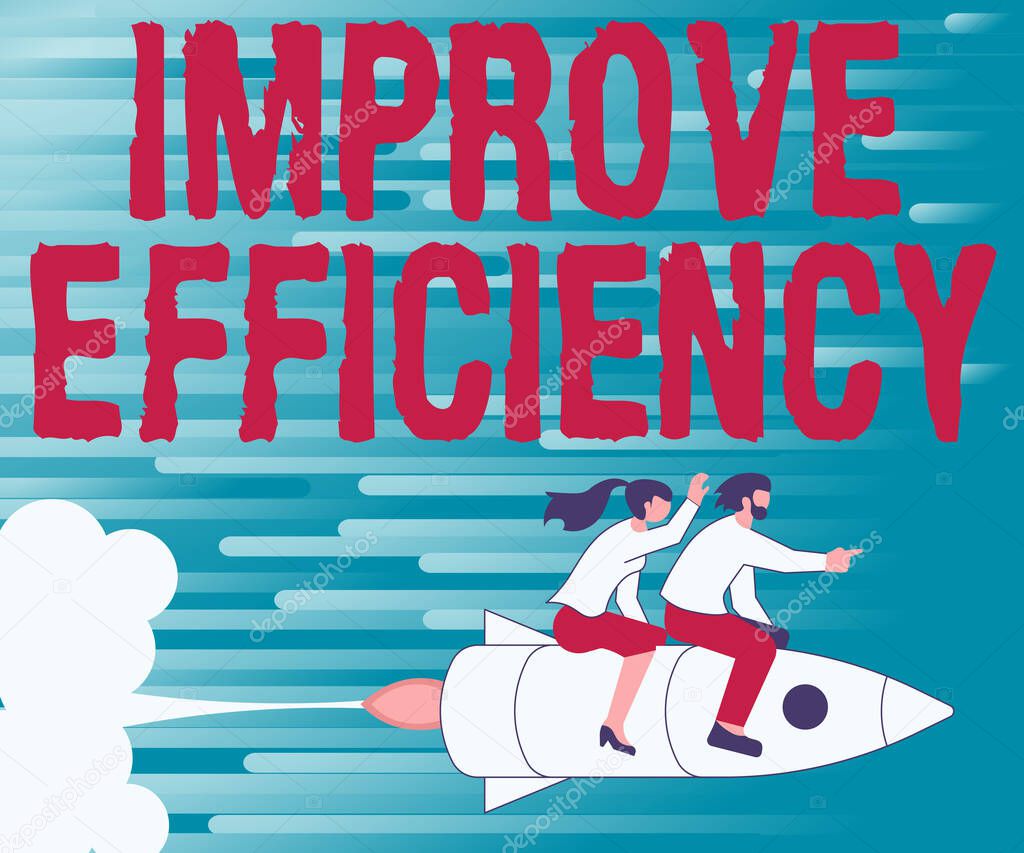 Writing displaying text Improve Efficiency. Internet Concept Competency in performance with Least Waste of Effort Illustration Of Happy Partners Riding On Rocket Ship Exploring World.