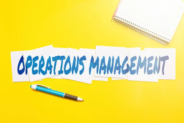 Text sign showing Operations Management. Business idea ensure Inputs to Output the Production and Provision Critical Thinking Finding Clues Answering Questions Collecting Data — Stock Photo, Image