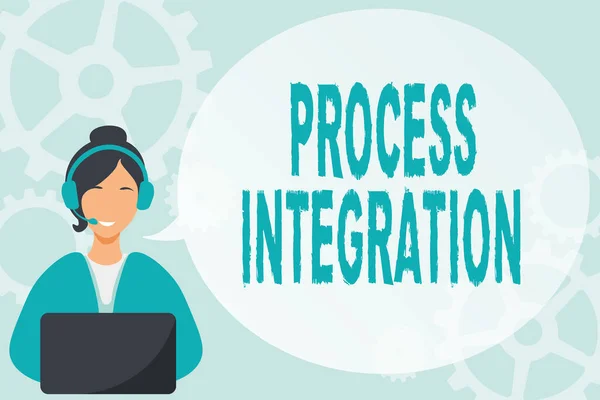 Tekst weergeven Procesintegratie. Internet Concept Connectiviteit van Systeemdiensten en Informatie Lady Call Center Illustratie met hoofdtelefoon Speech Bubble Conversation. — Stockfoto