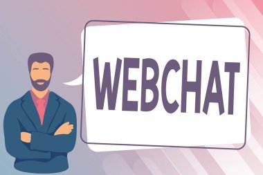 Kavramsal başlık Webchat. Kullanıcıların ellerini çapraz gösteren internet adamı ile iletişim kurmalarını sağlayan iş dünyası gösterim sistemi Konuşma köpüğü İletisiyle Durma.