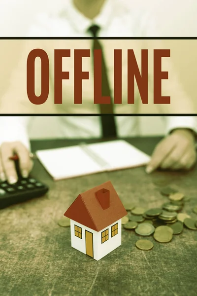 Text sign showing Offline. Business approach Not having directly connected to a computer or external network New home installments and investments plans represeneted by lady — Stock Photo, Image