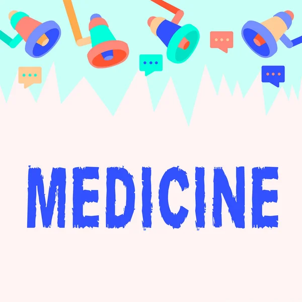 Writing displaying text Medicine. Business idea A substance or preparation used in treating disease Pills Ceiling Megaphone Drawing Giving Reaction Making Announcement. — Stock Photo, Image