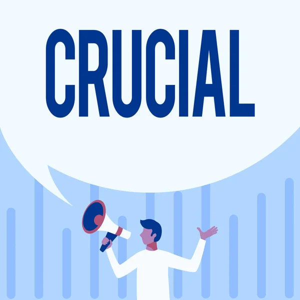Sign displaying Crucial. Word for critical especially in the success or failure of something Man Drawing Holding Megaphone With Big Speech Bubble Showing Message. — Stock Photo, Image