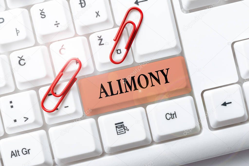 Sign displaying Alimony. Word for money paid to either husband or wife after a divorce by court order Upgrading And Repairing Old Website, Enhancing Software Codes