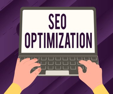 El yazısı tabelası Seo Optimizasyonu. İnternet sitesinin ya da Dizüstü bilgisayarda Fikirler Ararken Meşgul Bir Elin Görünürlüğünü Etkilendirme İş Genel Bakış Süreci.