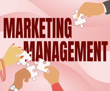 Metin başlığı Pazarlama Yönetimini sunar. İş Dünyası Reklamları: Birbirine Yardım Eden Yapboz Parçalarını Elle Tutmanın Yeni Bir Ürün veya Hizmet Resmini Geliştirme.