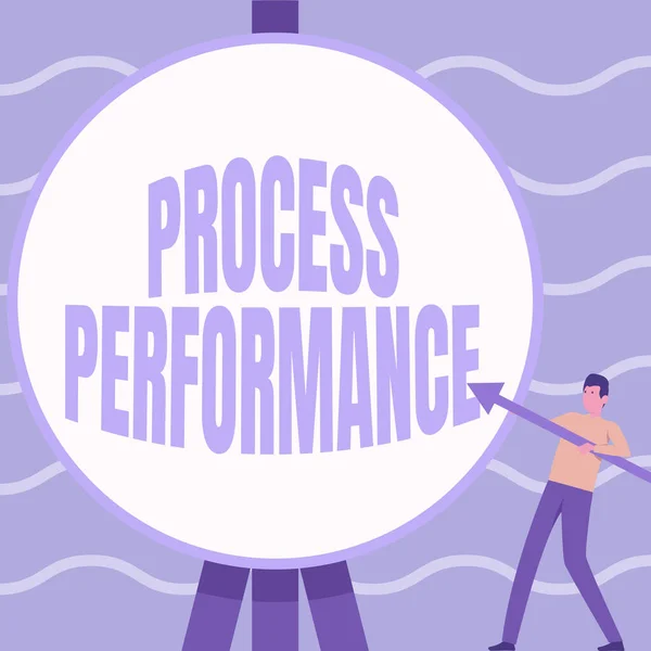 Konceptuell bildtext Process Performance. Word Skrivet om åtgärder Processen effektivt Möt organisationer Objektiv Man stående innehar stora pilpekande till Big Circular Target. — Stockfoto