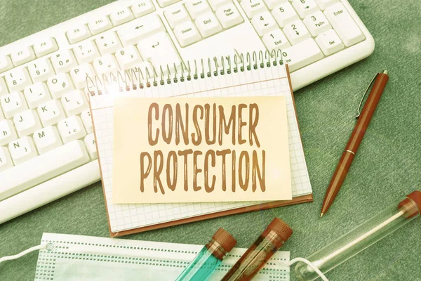 A fogyasztóvédelmet bemutató szövegfelirat. Üzleti áttekintés Tisztességes kereskedelmi jogszabályok a fogyasztók jogainak védelme érdekében Gépelés Orvosi feljegyzések Tudományos tanulmányok és kezelési tervek — Stock Fotó
