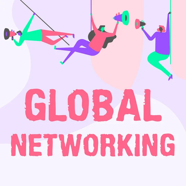 Tekst pokazujący inspirację Global Networking. Koncepcja oznacza sieć komunikacyjną, która obejmuje całą Ziemię Ludzie WAN rysowania wiszące na suficie z megafonami Dokonywanie ogłoszenia. — Zdjęcie stockowe