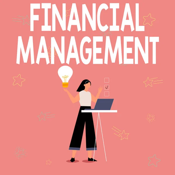 Conceptual caption Financial Management. Word for efficient and effective way to Manage Money and Funds Illustration Of Girl Using Laptop Having Ideas And Making Checklist. — Stock Photo, Image