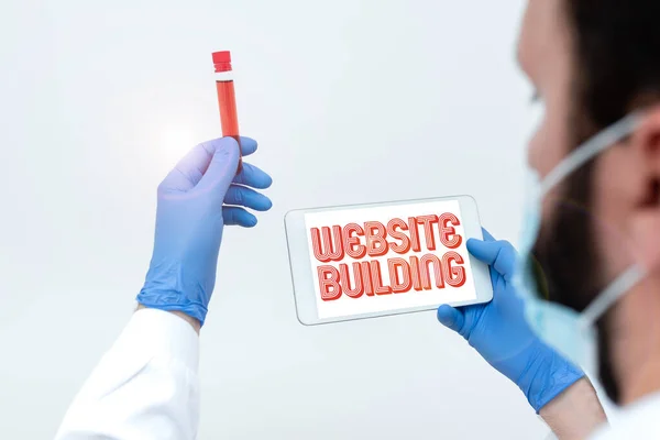 Conceptual caption Website Building. Business approach tools that typically allow the construction of pages Research Scientist Presenting New Medicine, Researching Preventive Measure — Stock Photo, Image