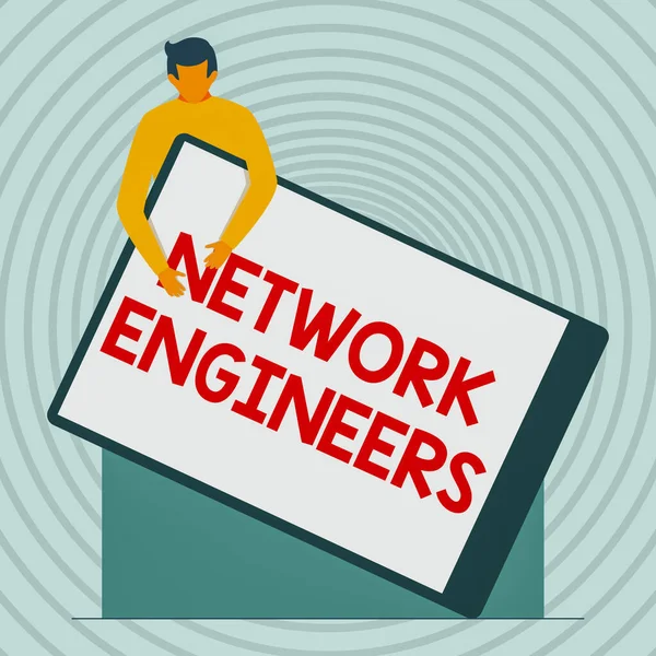 Inspiráció mutatja jel Network Engineers. Word for Technology szakképzett számítógépes rendszer Úriember rajz gazdaság egy hatalmas üres vágólap. — Stock Fotó