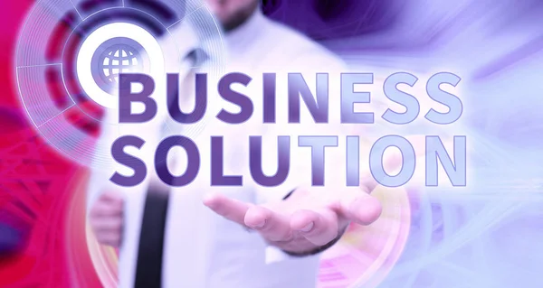 Teken het tonen van Business Solution. Internet Concept Services waaronder strategische planning en evaluatie Gentelman Uniform Standing Holding New Futuristic Technologies. — Stockfoto