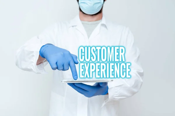 显示客户体验的文字标志.「满意顾客与机构示范医疗技术、提出新的科学发现」互动的文字 — 图库照片