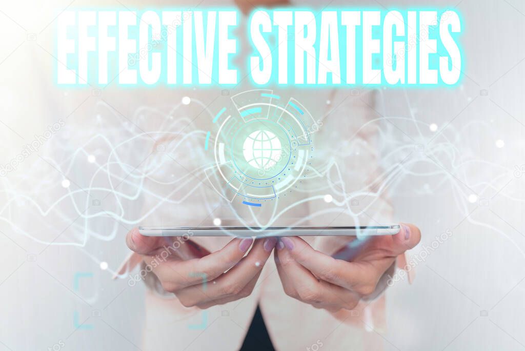 Sign displaying Effective Strategies. Word for Sound Tactical Scheme Powerful Operational Decisions Lady In Uniform Using Futuristic Mobile Holographic Display Screen.