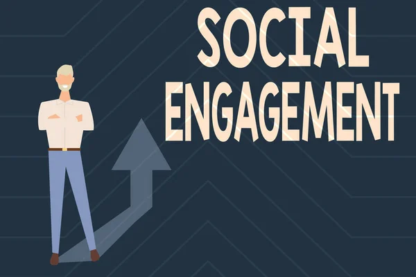 Conceptual caption Social Engagement. Business overview Degree of engagement in an online community or society Gathering Online Documents And Informations, Entering And Recording Data — Stock Photo, Image