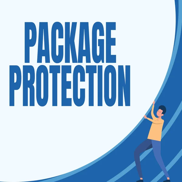 Conceptual caption Package Protection. Internet Concept Wrapping and Securing items to avoid damage Labeled Box Gentleman Drawing Standing Pushing Big Circular Object.
