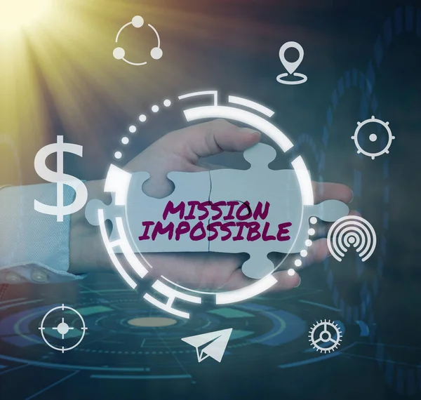 Text caption presenting Mission Impossible. Word Written on Difficult Dangerous Assignment Isolated Unimaginable Task Hand Holding Jigsaw Puzzle Piece Unlocking New Futuristic Technologies. — Stock Photo, Image