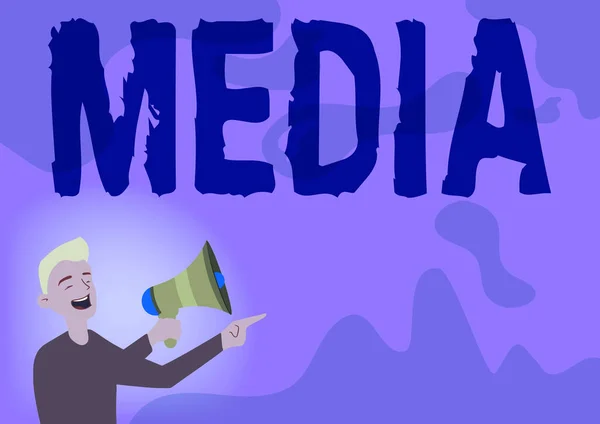 Sign displaying Media. Business concept the main means of mass communicationthat are regarded collectively Man Drawing Pointing Away Holding Megaphone Making New Announcement. — Stock Photo, Image