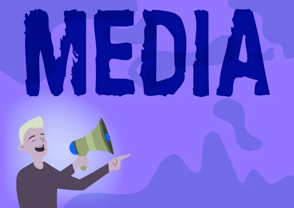 Zeichen, das Medien anzeigt. Geschäftskonzept das wichtigste Mittel der Massenkommunikation, die kollektiv betrachtet werden Man Drawing Pointing Away Holding Megaphone Making New Announcement. — Stockfoto