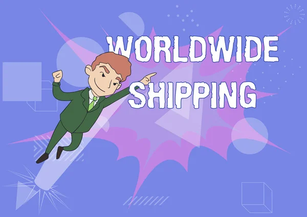 Znak tekstowy pokazujący Worldwide Shipping. Słowo na transport morski towarów International Shipment Man rysunek w jednolitym stojącym wskazując w górę lidera wyświetlania. — Zdjęcie stockowe