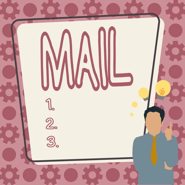 メールを表示します。郵便制度によって送受信される手紙や小包を意味する概念新しい素晴らしいアイデアを思いつくビジネスマンのイラスト. — ストック写真