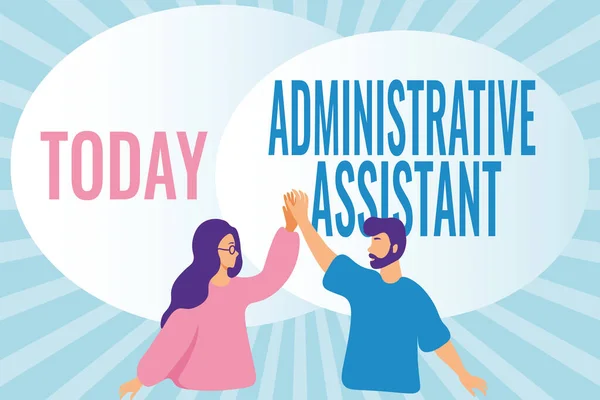 Skriv under med Administrativ assistent. Word Skrivet om Administration Support Specialist kontorsuppgifter Happy Colleagues Illustration Ge High Femmor till varandra. — Stockfoto