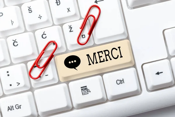 Text sign showing Merci. Word for what is said or response when someone helps you in France Thank you Abstract Doing Virtual Bookkeeping, Listing New Product Online — Stock Photo, Image