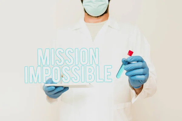 Text caption presenting Mission Impossible. Conceptual photo Difficult Dangerous Assignment Isolated Unimaginable Task Researcher Displaying Liquid Sample, Chemist Presenting Cleaning Agent — Stock Photo, Image