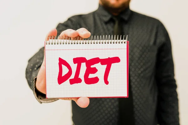 Sign displaying Diet. Internet Concept Healthy lifestyle Reduce food intake Vegetarian No to cholesterol Presenting New Plans And Ideas Demonstrating Planning Process — Stock Photo, Image