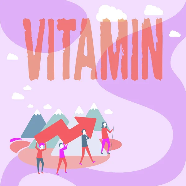 Text bildtext som presenterar Vitamin. Konceptuell fotogrupp av organiska föreningar som är väsentliga för normal tillväxt Fyra Kollegor Illustration Klättring Mountain Holding Stor Pil. — Stockfoto