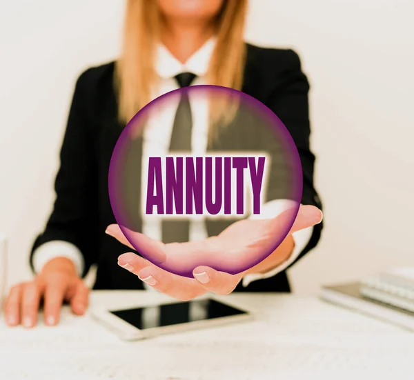 Writing displaying text Annuity. Conceptual photo fixed sum of money paid to someone each year Series of payments Presenting Corporate Business Data, Discussing Company Problems — Stock Photo, Image